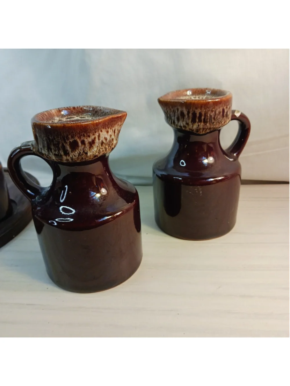 VTG Brown Drip Glaze Salt Pepper Lazy Susan Oil Vinegar Cruet Set No Lids